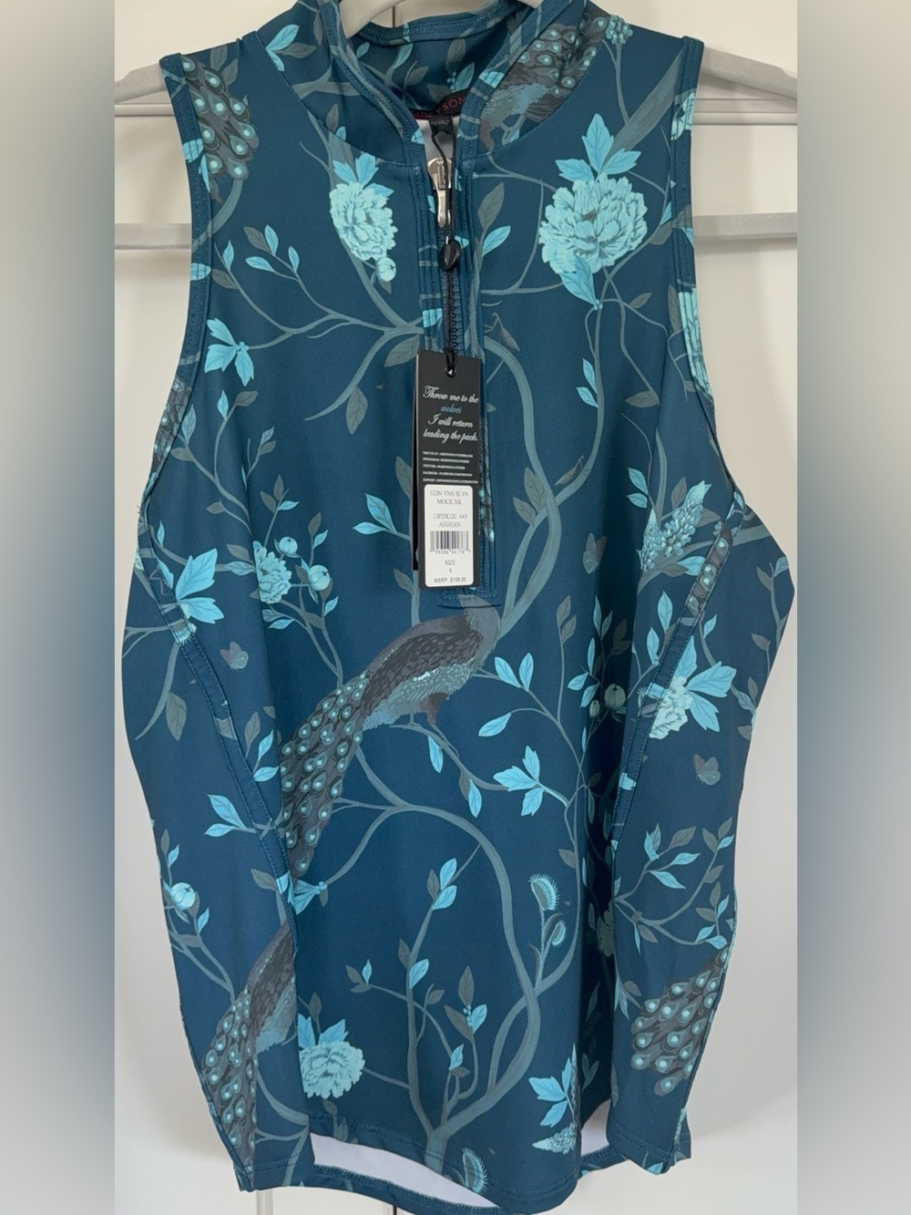 Greyson Teal Floral & Peacock Zip-Front Tank